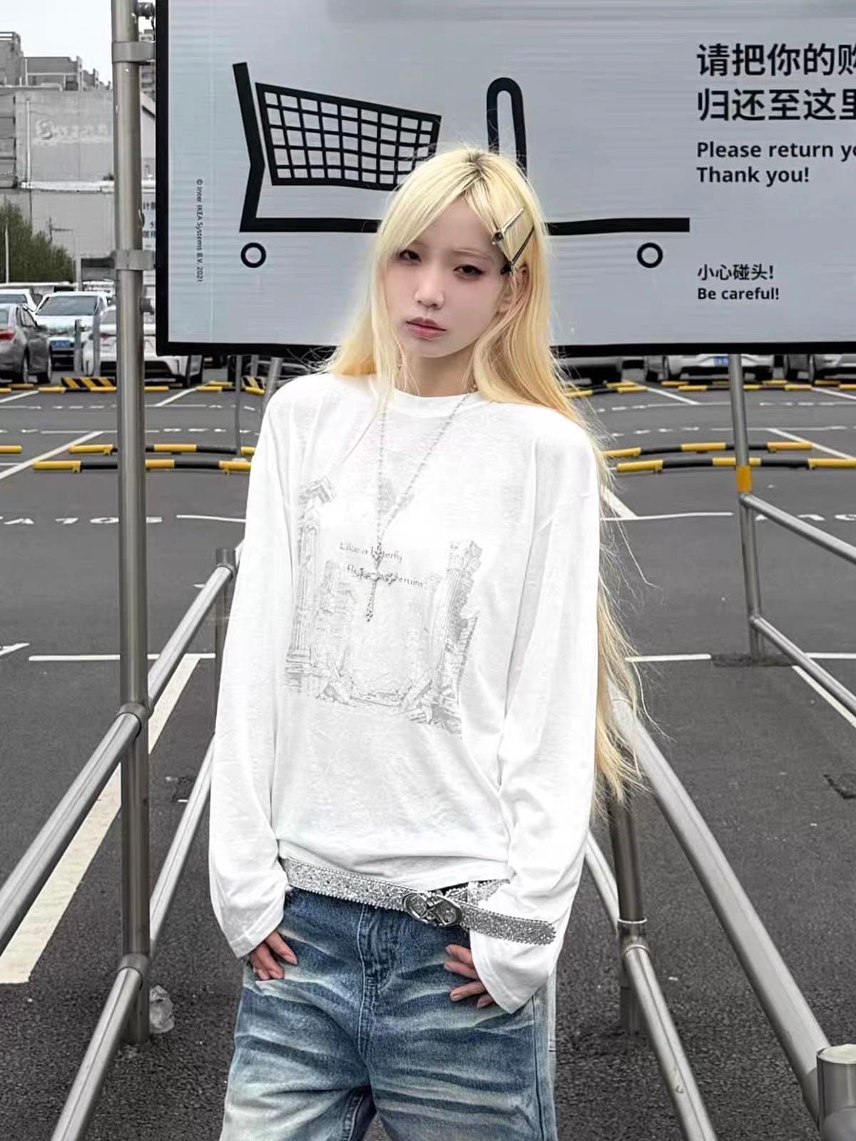 작은 대중 레트로 폐허 건축 프린트 느긋한 캐주얼 루즈핏 순면 자외선 차단 얇은 스타일 긴팔 티셔츠 여성 상세 이미지 4