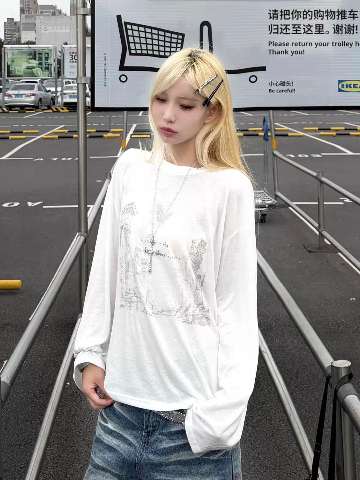 작은 대중 레트로 폐허 건축 프린트 느긋한 캐주얼 루즈핏 순면 자외선 차단 얇은 스타일 긴팔 티셔츠 여성 상세 이미지 5