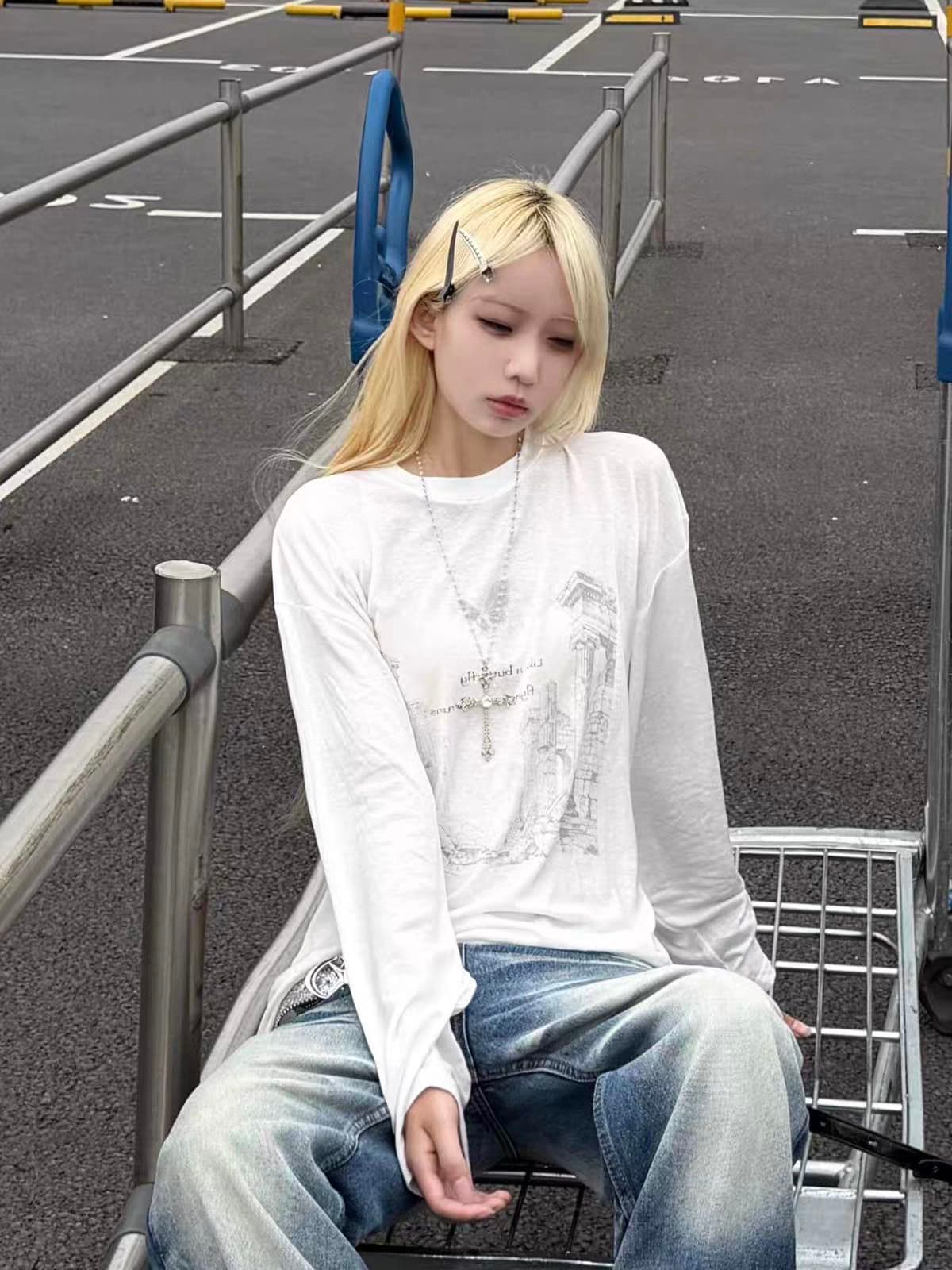 작은 대중 레트로 폐허 건축 프린트 느긋한 캐주얼 루즈핏 순면 자외선 차단 얇은 스타일 긴팔 티셔츠 여성 상세 이미지 6