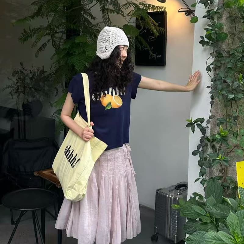 여름 분위기 센스 레몬 알파벳 프린트 반팔 티셔츠 여성 핫걸 몸매 가꾸기 슬림해 보이는 쇼트 스타일 맨위 상세 이미지 1