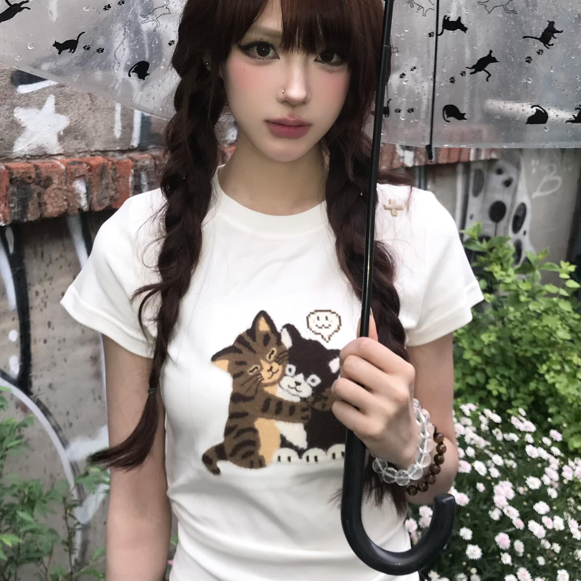 한 부서 착용 가져 가라. 새끼 고양이 프린트 반팔 티셔츠 여름 여성 의류 2026 새로운 기초 다용도 슬림해 보이는 순면 맨위 이미지 3