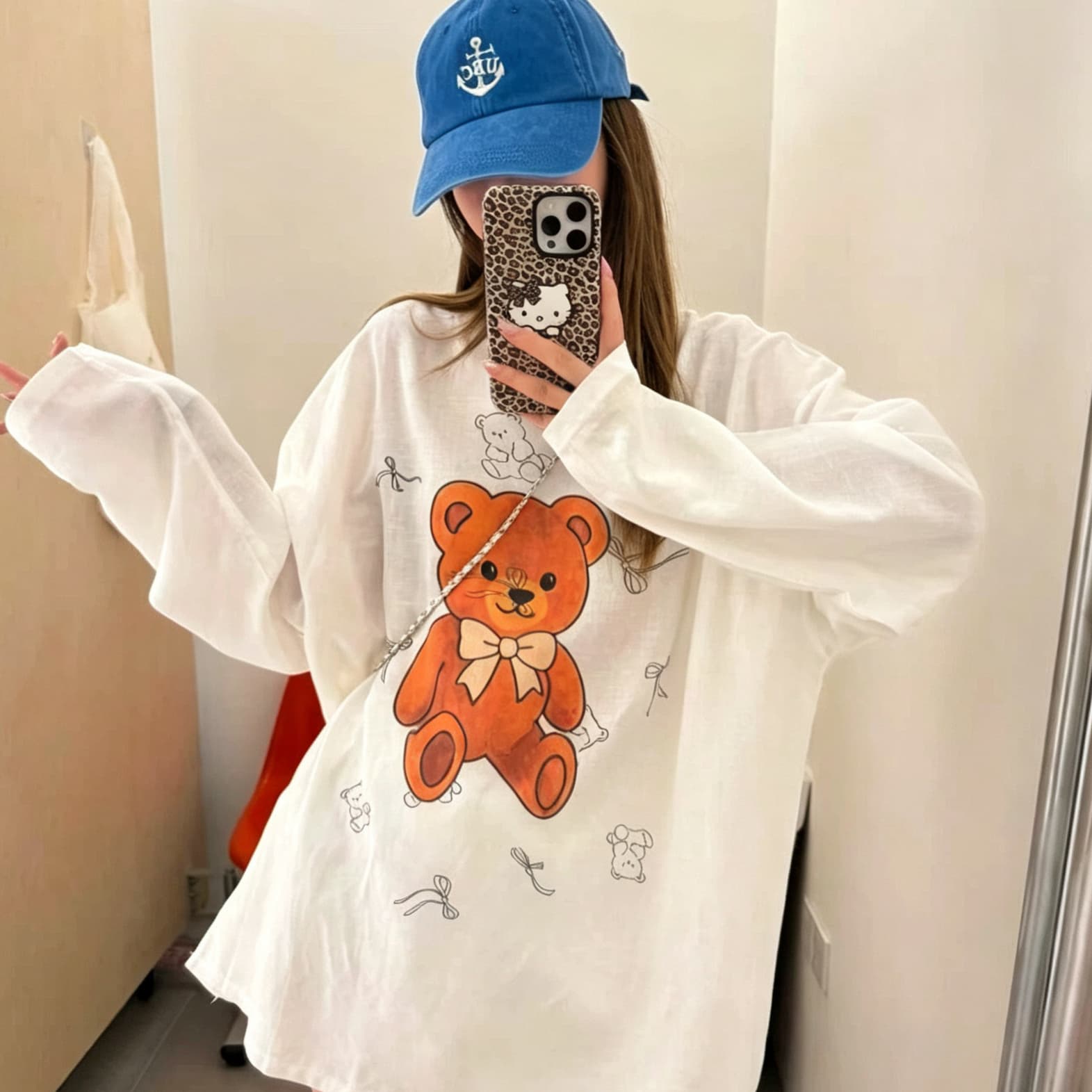 작은 대중 ins 나비 매듭 만화 곰 프린트 얇고 가벼운 자외선 차단 블라우스 여성 루즈핏 캐주얼 느슨함 센스 마이크로 ~을 통해 긴팔 상세 이미지 1