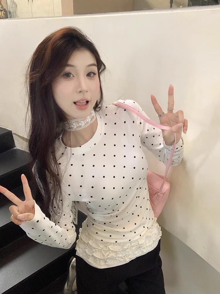 가을 한국 스타일 몸매 가꾸기 라운드 넥 도트 무늬 연령 감소 슬림해 보이는 다용도 순면 긴팔 인사이드 가져 가라. 티셔츠 맨위 이미지 2