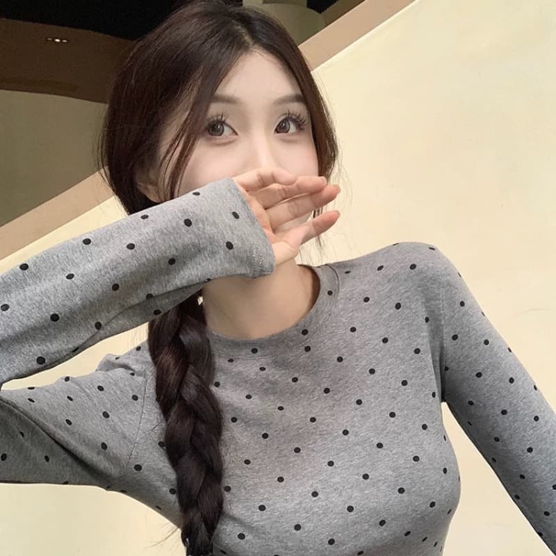가을 한국 스타일 몸매 가꾸기 라운드 넥 도트 무늬 연령 감소 슬림해 보이는 다용도 순면 긴팔 인사이드 가져 가라. 티셔츠 맨위 이미지 5
