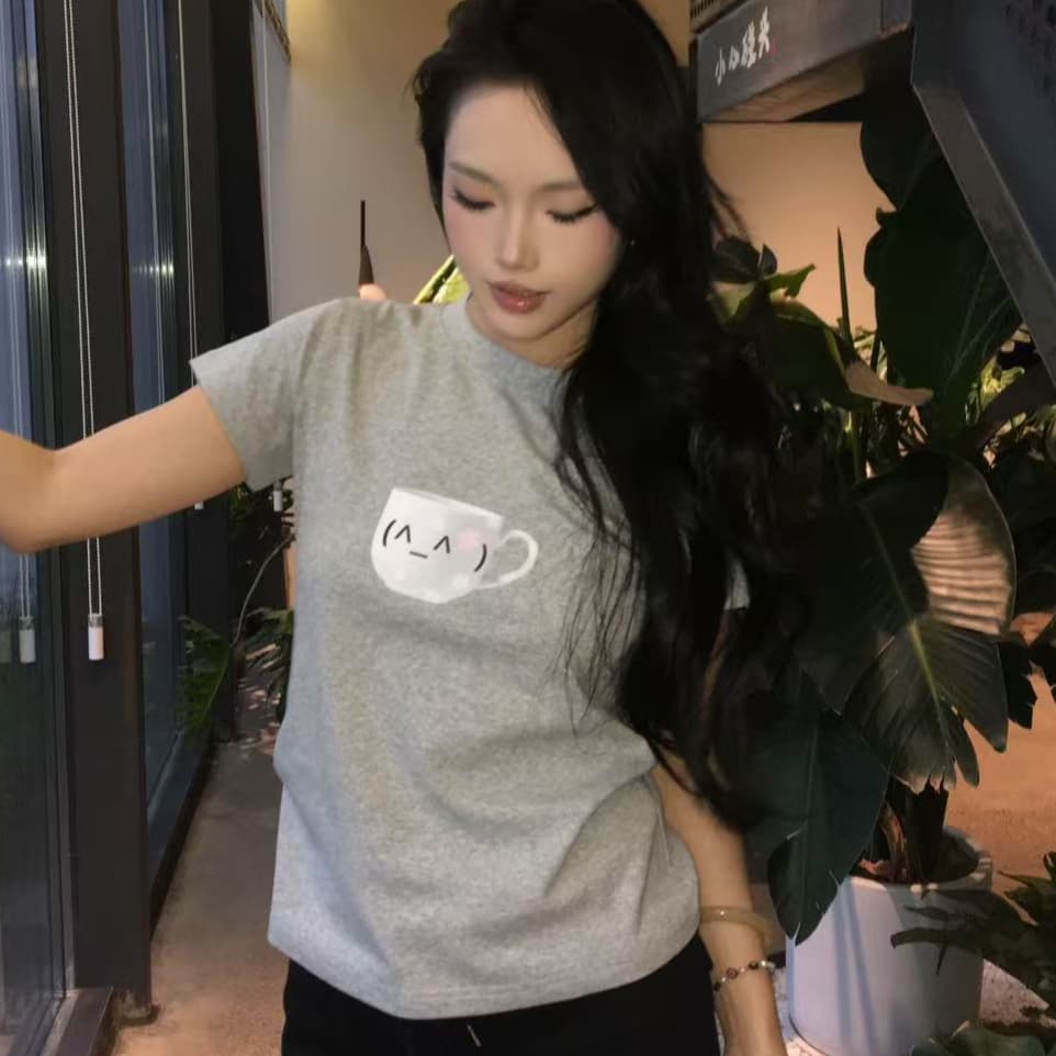 귀여운 연 문자 멩 맛 도트 무늬 컵 프린트 몸매 가꾸기 반팔