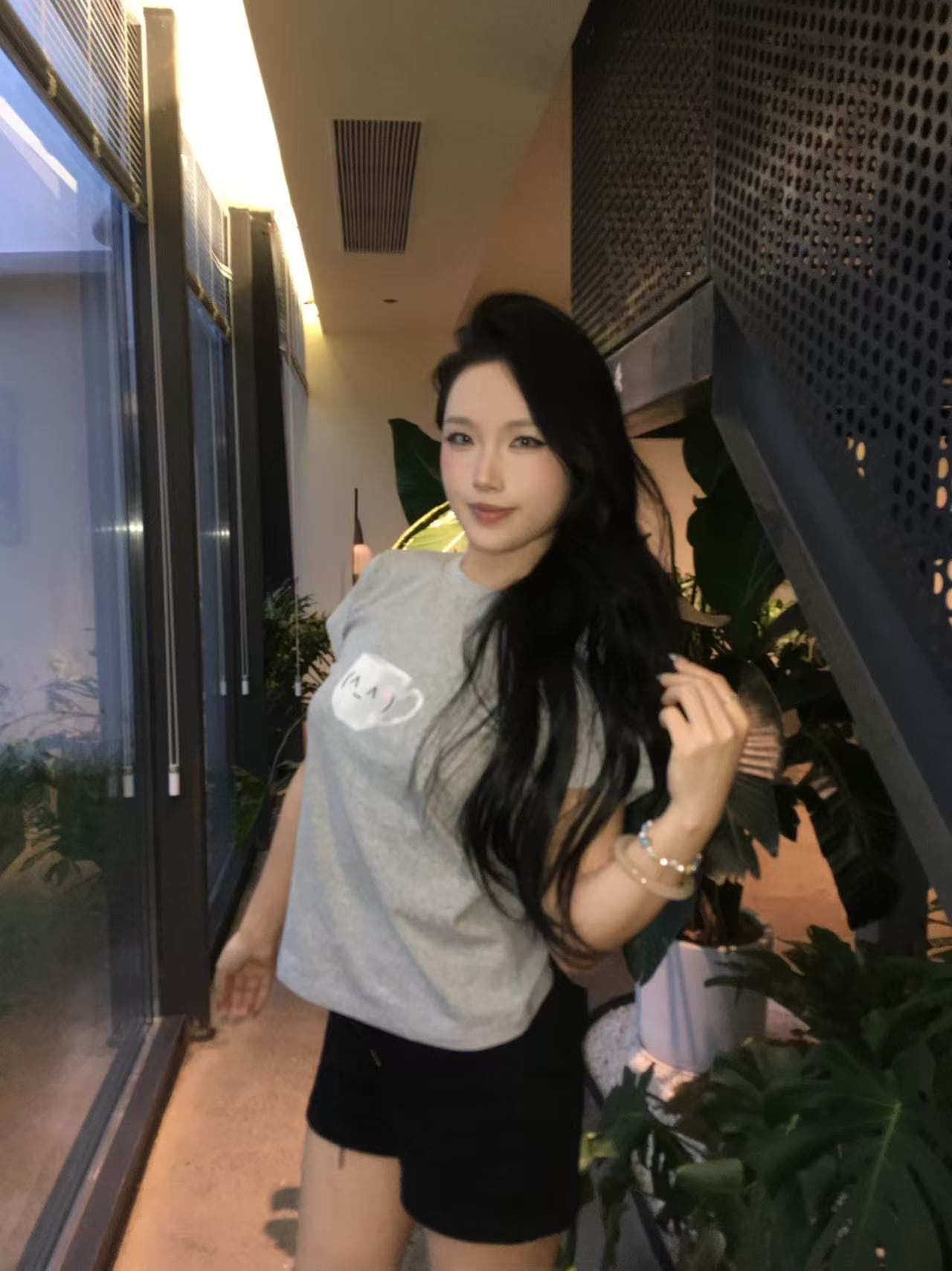 귀여운 연 문자 멩 맛 도트 무늬 컵 프린트 몸매 가꾸기 반팔 이미지 4