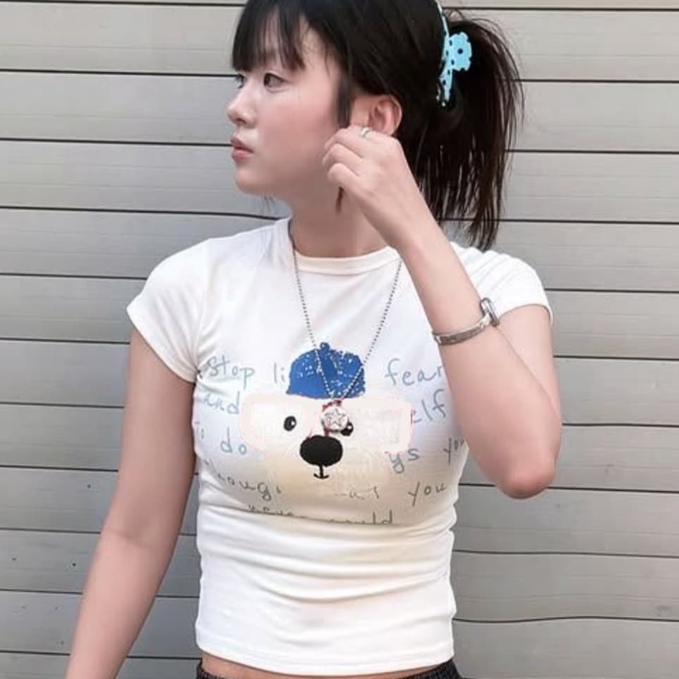 여름 소녀 센스 재미있는 강아지 낙서 프린트 긍정적 인 어깨 반팔 느긋한 바람 몸매 가꾸기 티셔츠 상세 이미지 1