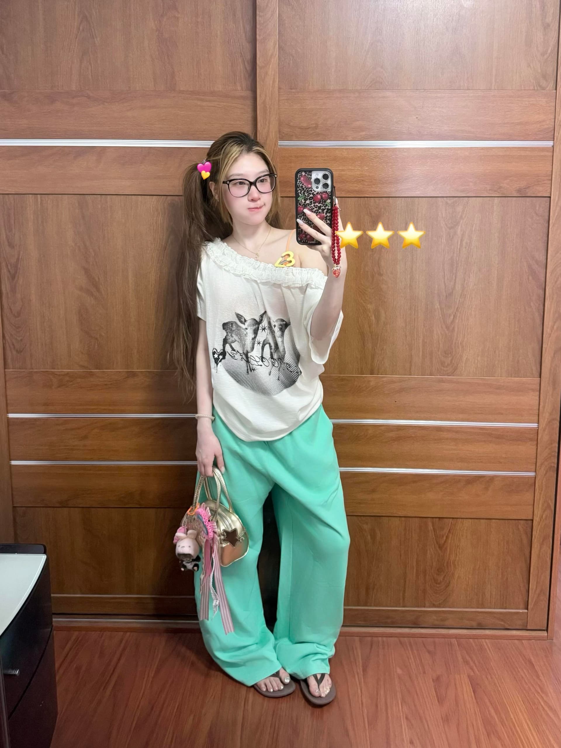화이트 시카 사슴 프린트 귀여운 프릴 패치워크 반팔 티셔츠 여성 여름 루즈핏 슬림해 보이는 맨위 상세 이미지 4