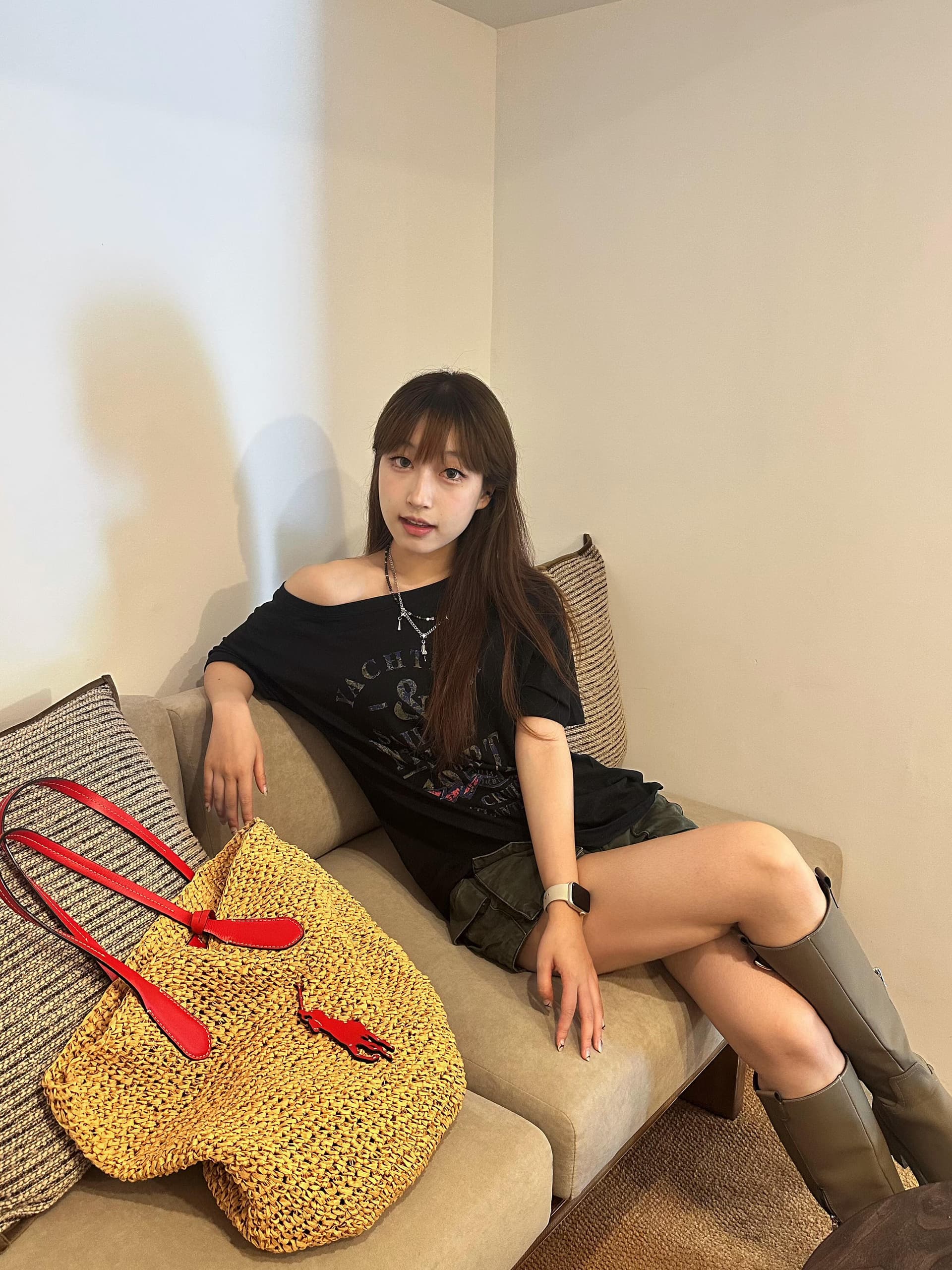 레트로 아메리칸 알파벳 프린트 반팔 티셔츠 여성 작은 키 루즈핏 비스듬한 어깨 의류 상세 이미지 1