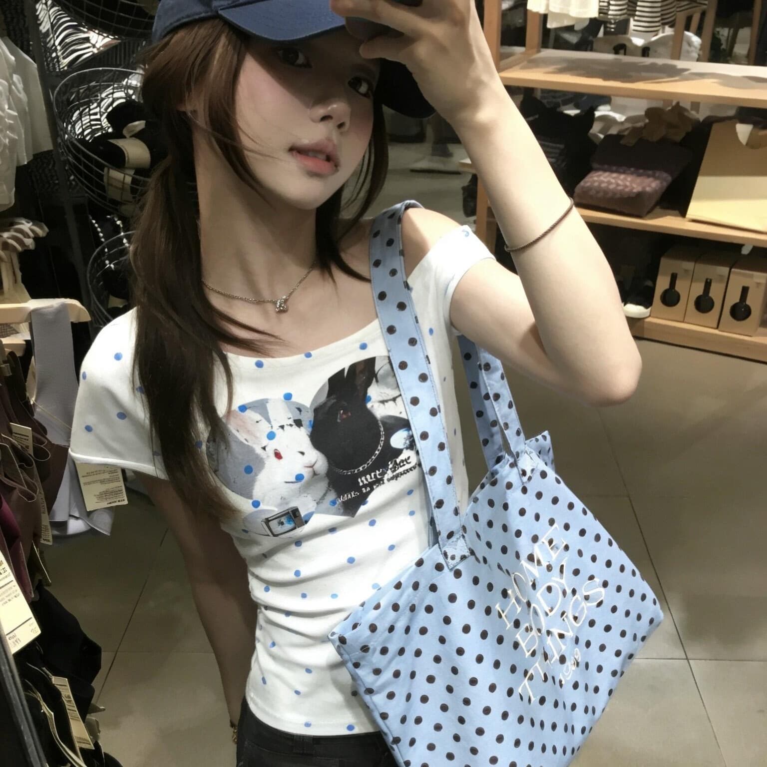 한 부서 소녀 레트로 하트 도트 무늬 비스듬한 어깨 반팔 달콤한 핫걸 여름 몸매 가꾸기 슬림해 보이는 기본 셔츠 이미지 5
