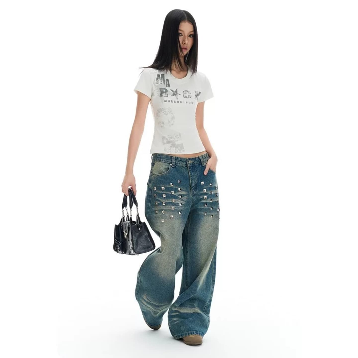아메리칸 디자인 센스 징 넓은 다리 청바지 여성 루즈핏 조수 브랜드 바닥 청소 바지 워싱 캐주얼 긴 바지 상세 이미지 4