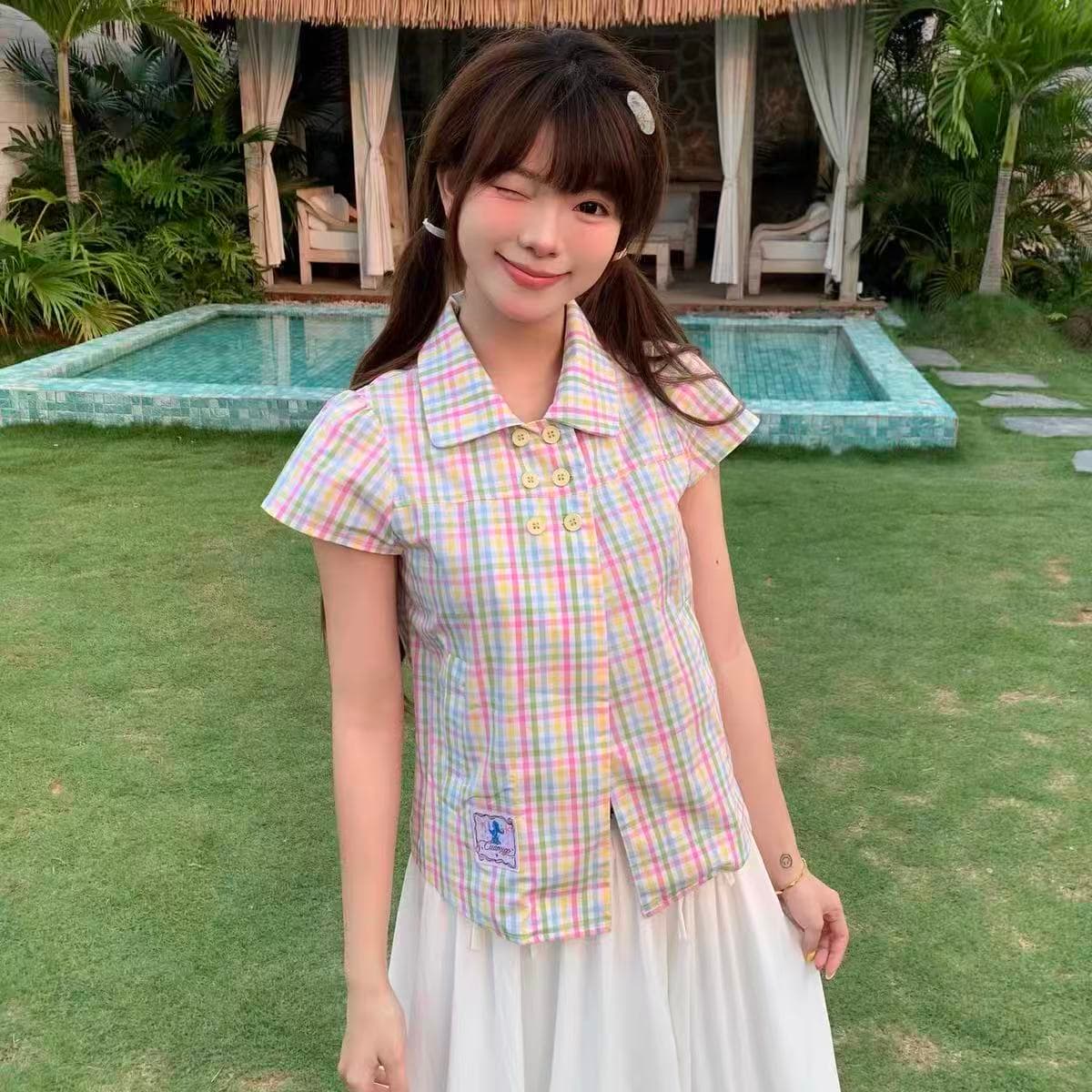 도파민 색상 체크무늬 자수 반팔 폴로 칼라 여성 셔츠 여름 디자인 센스 루즈핏 슬림해 보이는 맨위