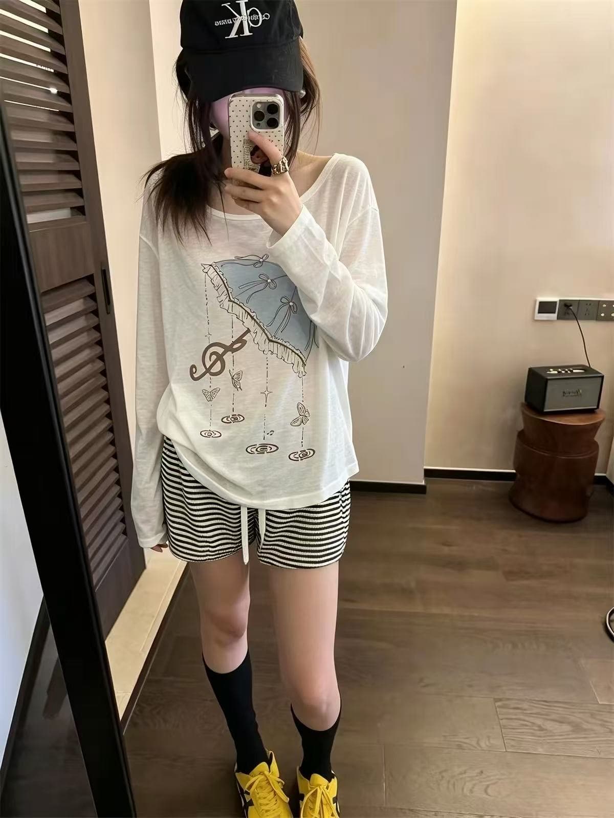 캐주얼 우산 프린트 얇은 스타일 긴팔 티셔츠 여성 의류 여름 Chic 루즈핏 슬림해 보이는 자외선 차단 블라우스 이미지 3