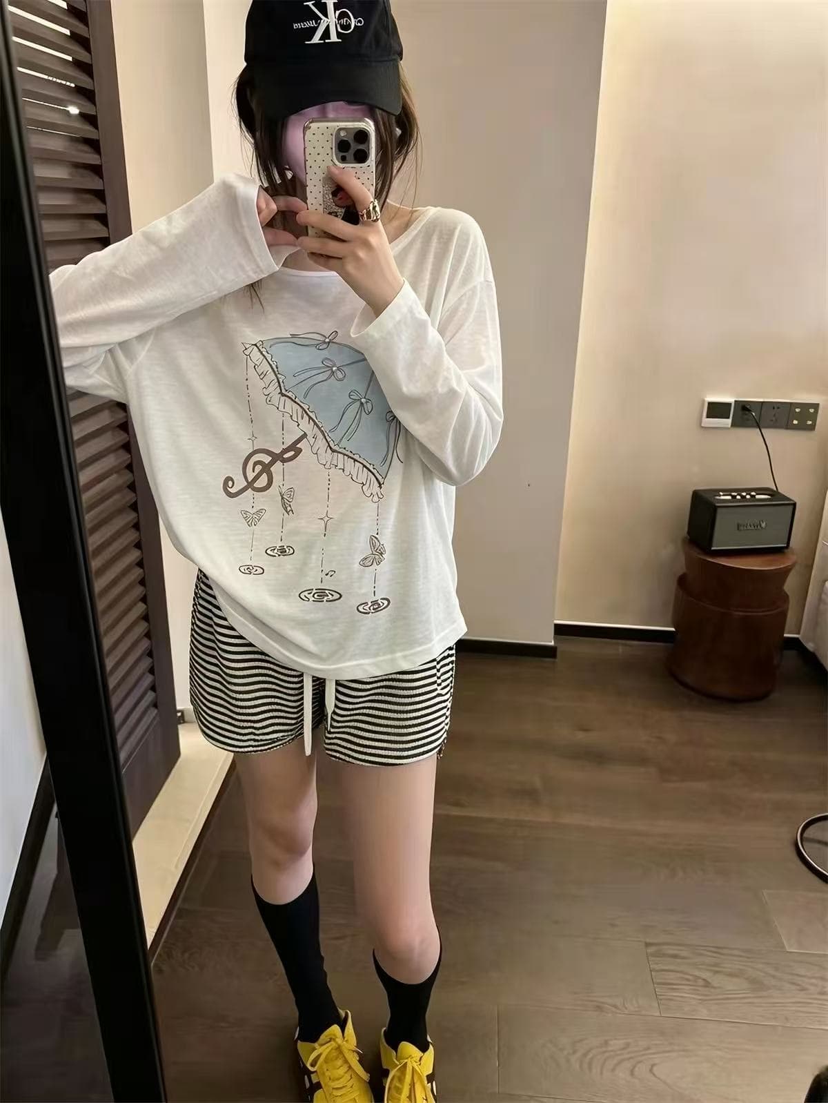 캐주얼 우산 프린트 얇은 스타일 긴팔 티셔츠 여성 의류 여름 Chic 루즈핏 슬림해 보이는 자외선 차단 블라우스 이미지 2