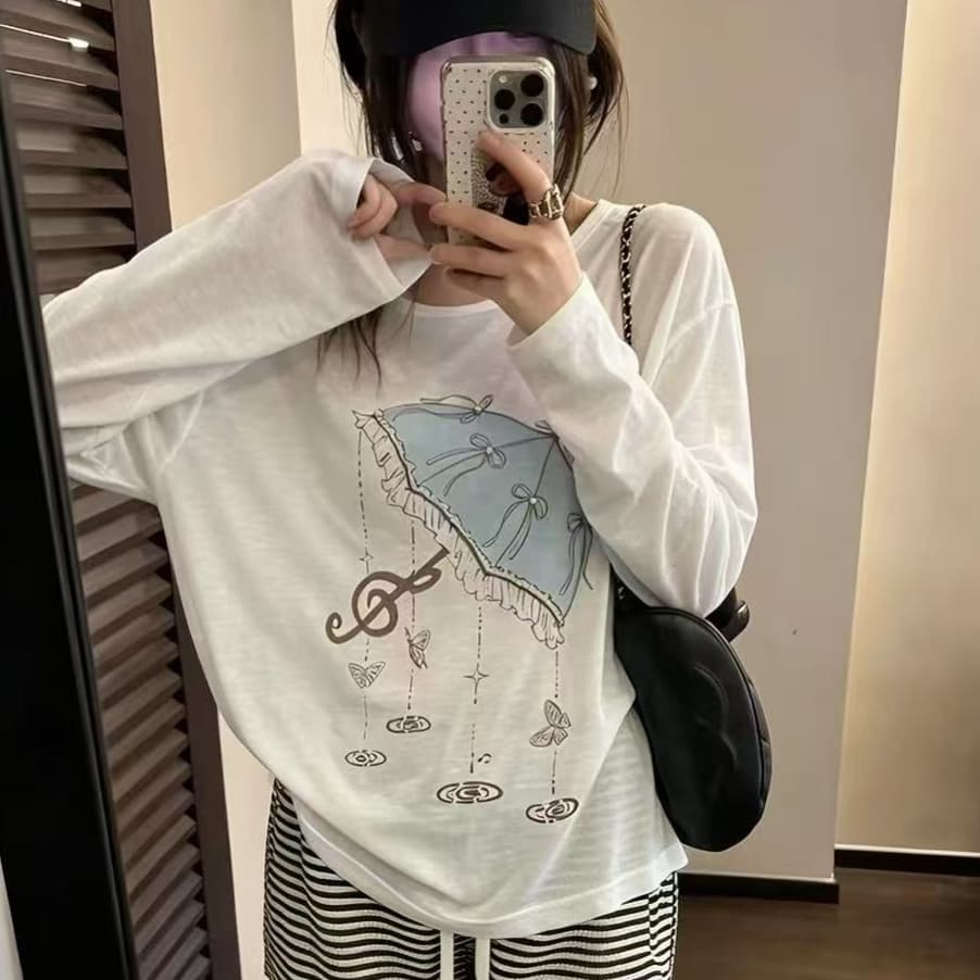 캐주얼 우산 프린트 얇은 스타일 긴팔 티셔츠 여성 의류 여름 Chic 루즈핏 슬림해 보이는 자외선 차단 블라우스