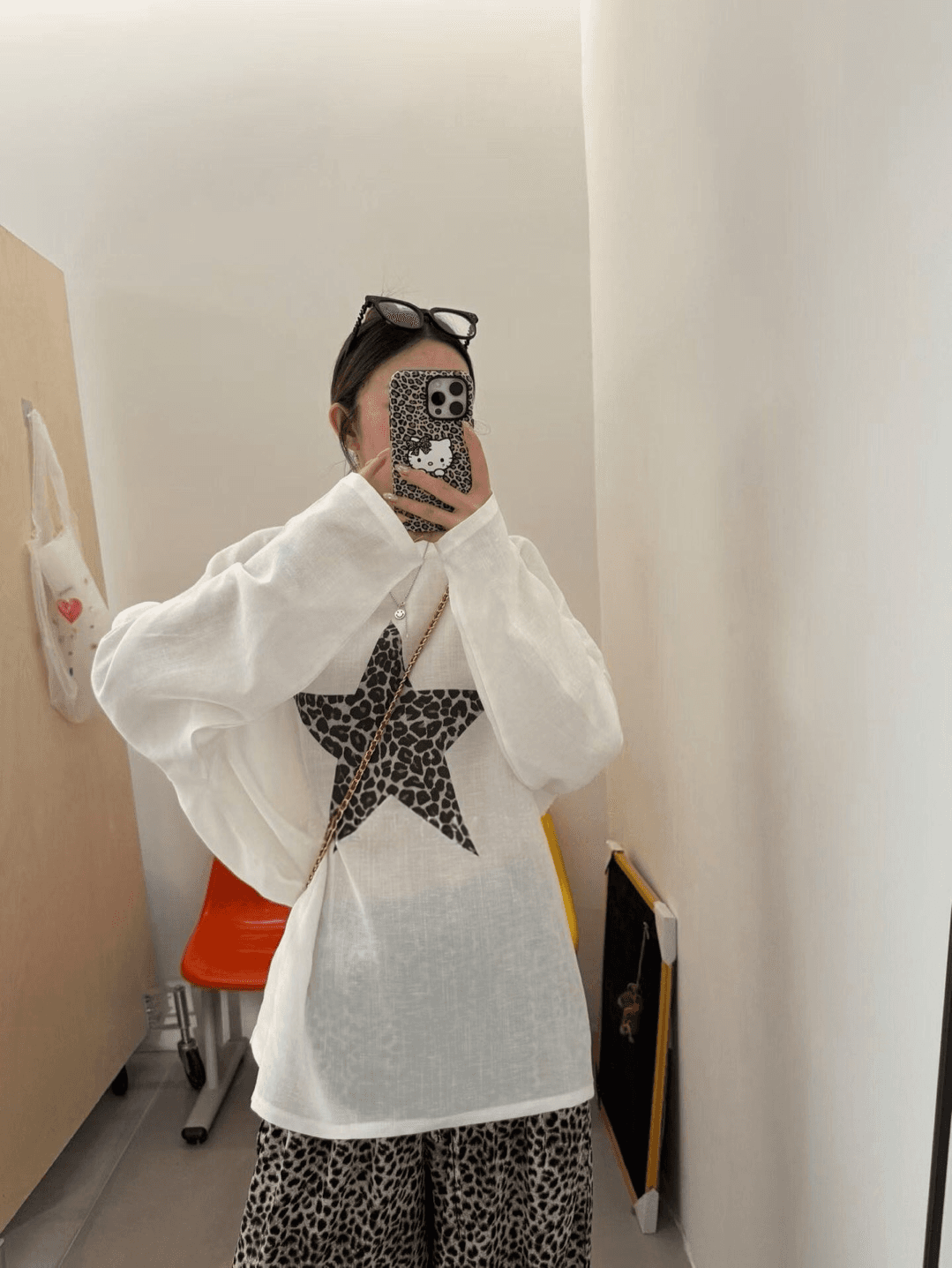 한 부서 긴팔 티셔츠 레오파드 무늬 별 프린트 루즈핏 디자인 센스 맨위 작은 대중 아메리칸 면 린넨 맨위 이미지 4