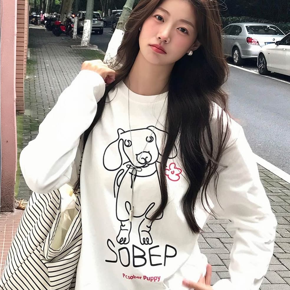 아메리칸 순면 긴팔 티셔츠 여성 2026 새로운 루즈핏 느긋한 바람 이른 가을 한 부서 디자인 센스 맨위 기본 셔츠 상세 이미지 1