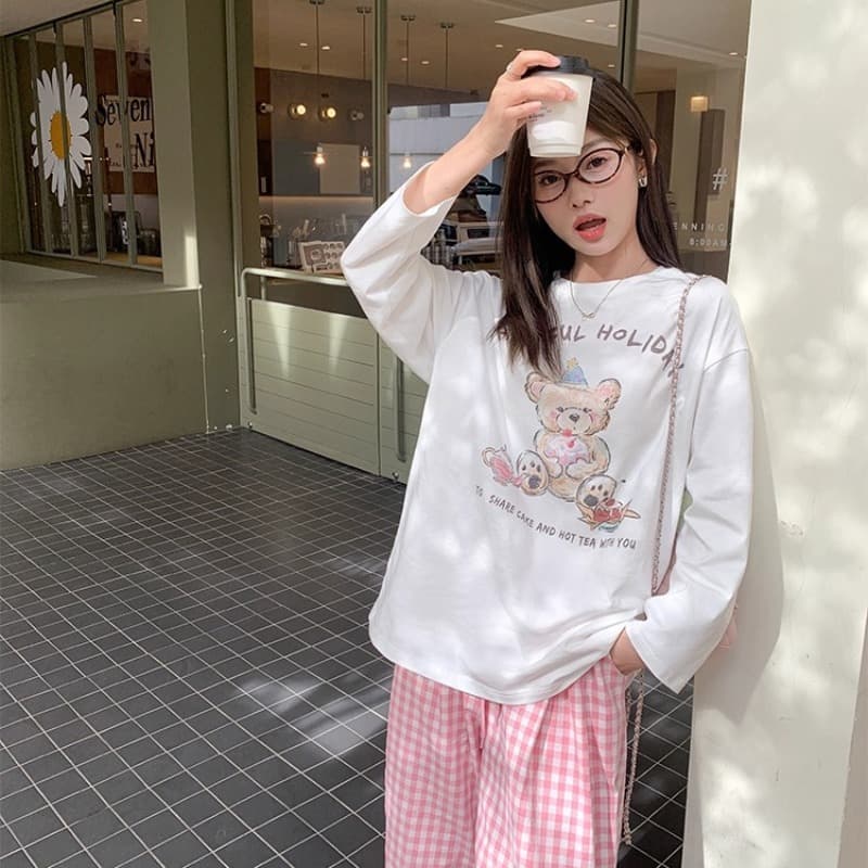화이트 프린트 라운드 넥 루즈핏 긴팔 티셔츠 여성 새로운 여름 캐주얼 다용도 슬림해 보이는 맨위 이미지 5