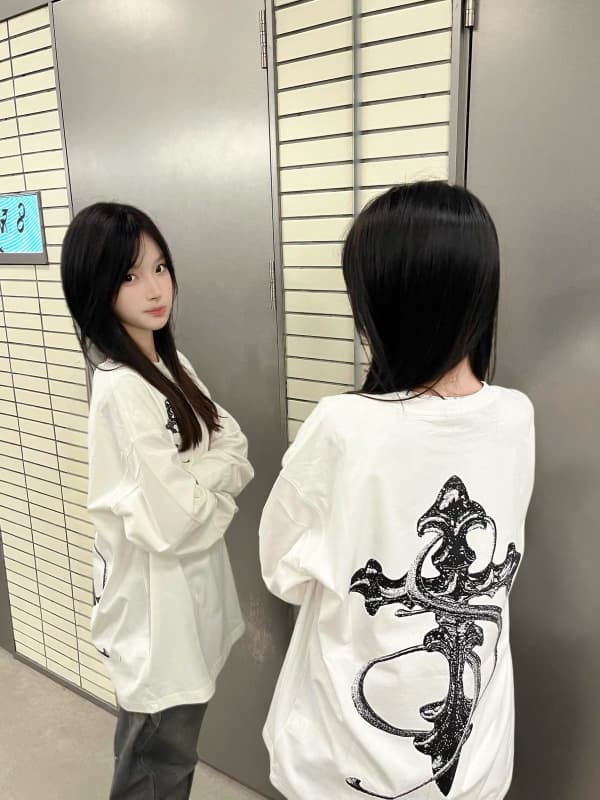 아메리칸 순면 십자가 긴팔 티셔츠 여성 봄 가을 새로운 oversize 루즈핏 다용도 커플 맨위 이미지 3