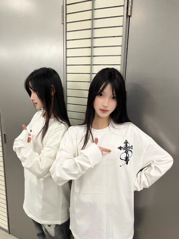 아메리칸 순면 십자가 긴팔 티셔츠 여성 봄 가을 새로운 oversize 루즈핏 다용도 커플 맨위 이미지 4