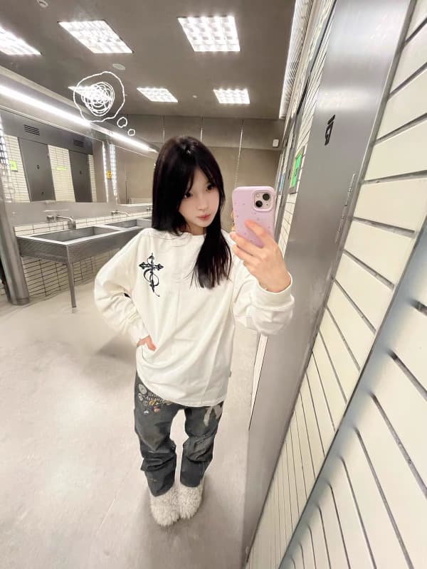 아메리칸 순면 십자가 긴팔 티셔츠 여성 봄 가을 새로운 oversize 루즈핏 다용도 커플 맨위 이미지 2