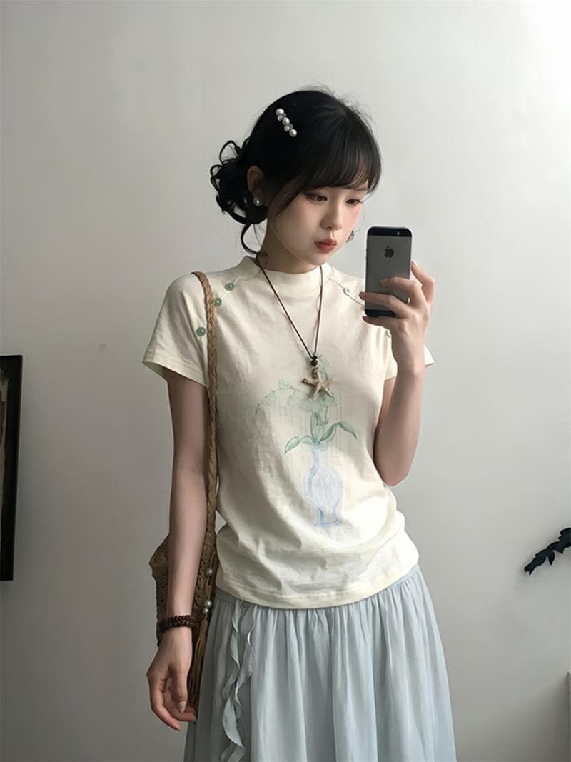 레트로 새로운 중식 감기 센스 작은 갈대 벨 프린트 반팔 티셔츠 여성 여름 새로운 캐주얼 삽입 어깨 소매 스탠드 칼라 맨위 상세 이미지 3
