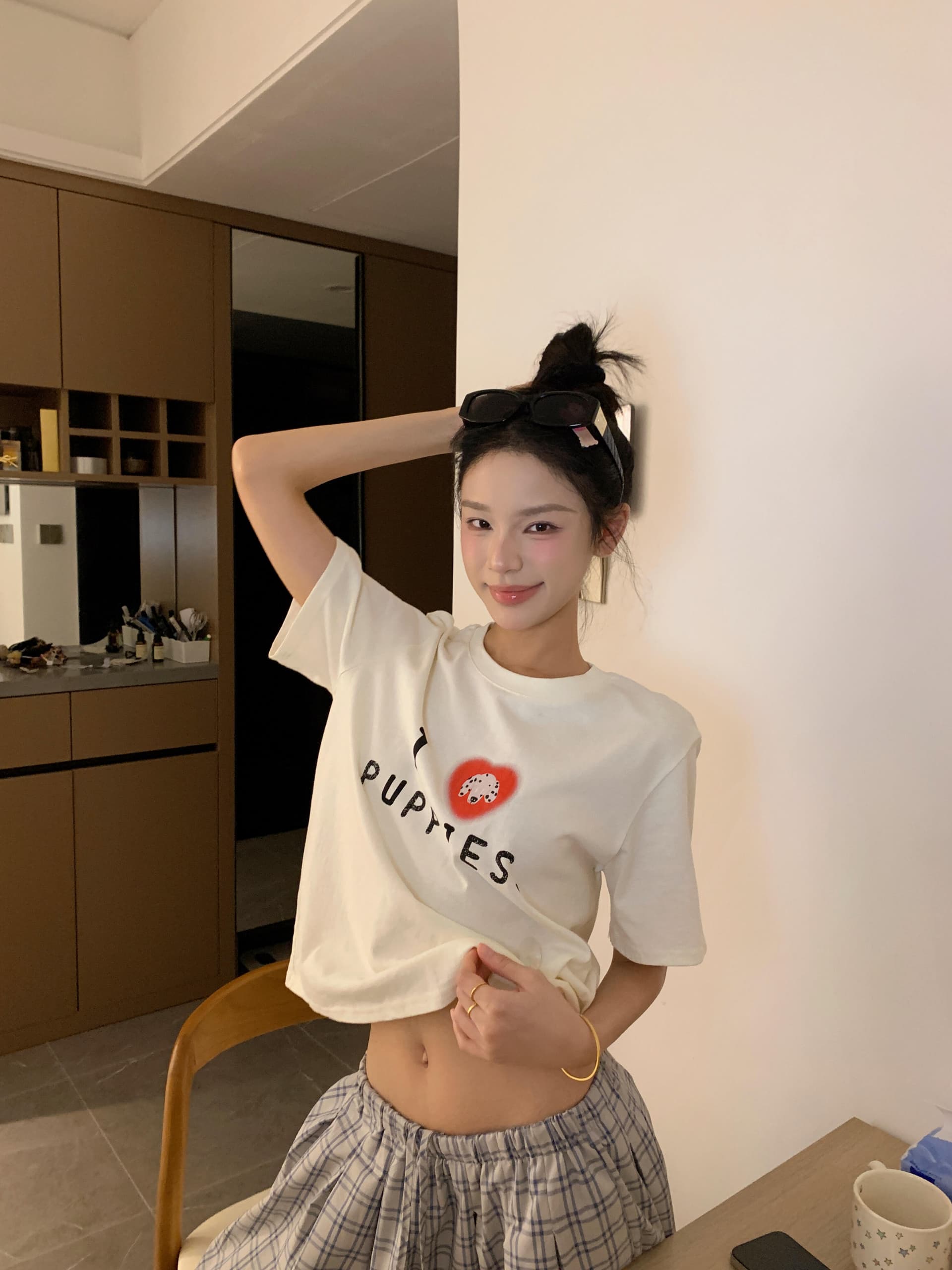 한 부서 작은 대중 개 하트 슬로건 프린트 긍정적 인 어깨 반팔 티셔츠 여성 여름 학원 슬림해 보이는 캐주얼 쇼트 스타일 맨위 상세 이미지 1