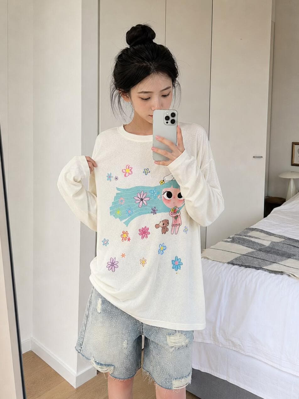 한 부서 산소 소녀 바람 도파민 프린트 긴팔 티셔츠 느긋한 루즈핏 얇고 가벼운 다용도 연령 감소 자외선 차단 맨위