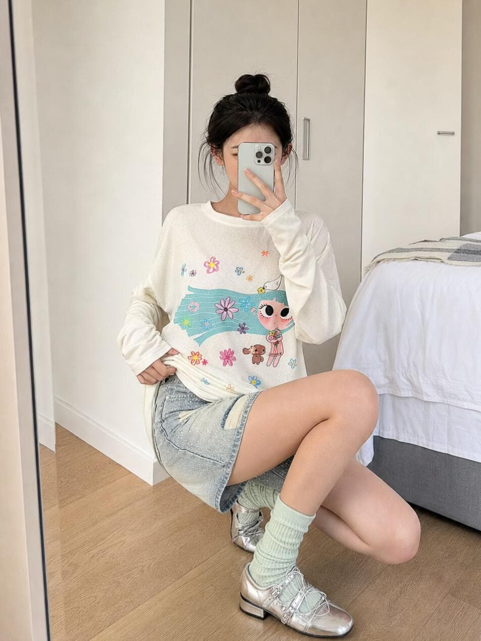 한 부서 산소 소녀 바람 도파민 프린트 긴팔 티셔츠 느긋한 루즈핏 얇고 가벼운 다용도 연령 감소 자외선 차단 맨위 이미지 4