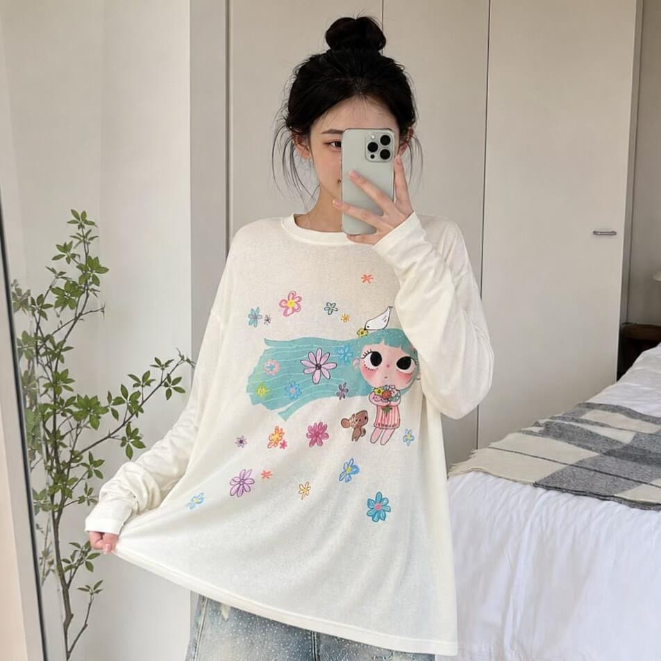 한 부서 산소 소녀 바람 도파민 프린트 긴팔 티셔츠 느긋한 루즈핏 얇고 가벼운 다용도 연령 감소 자외선 차단 맨위 이미지 5