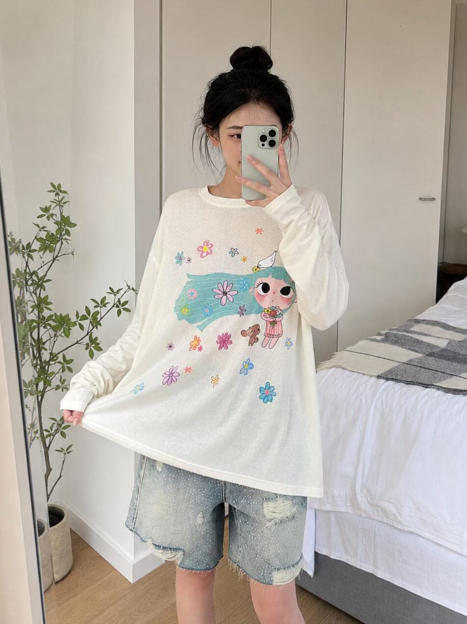 한 부서 산소 소녀 바람 도파민 프린트 긴팔 티셔츠 느긋한 루즈핏 얇고 가벼운 다용도 연령 감소 자외선 차단 맨위 상세 이미지 3