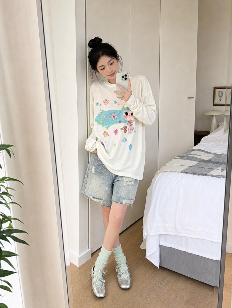 한 부서 산소 소녀 바람 도파민 프린트 긴팔 티셔츠 느긋한 루즈핏 얇고 가벼운 다용도 연령 감소 자외선 차단 맨위 상세 이미지 5