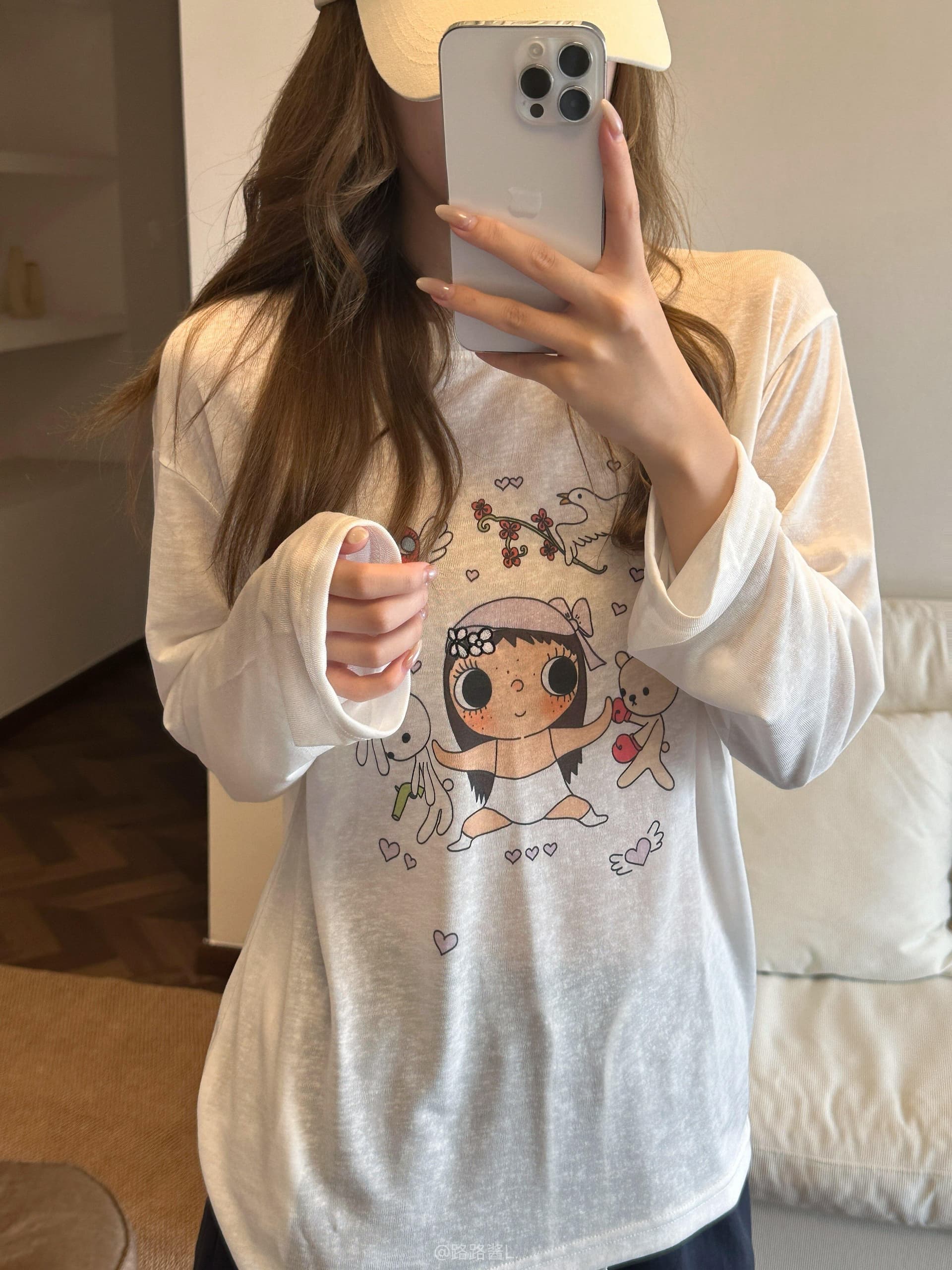 작은 대중 연령 감소 장난기 넘치는 만화 프린트 느긋한 캐주얼 루즈핏 순면 자외선 차단 얇은 스타일 긴팔 티셔츠 여성 상세 이미지 1