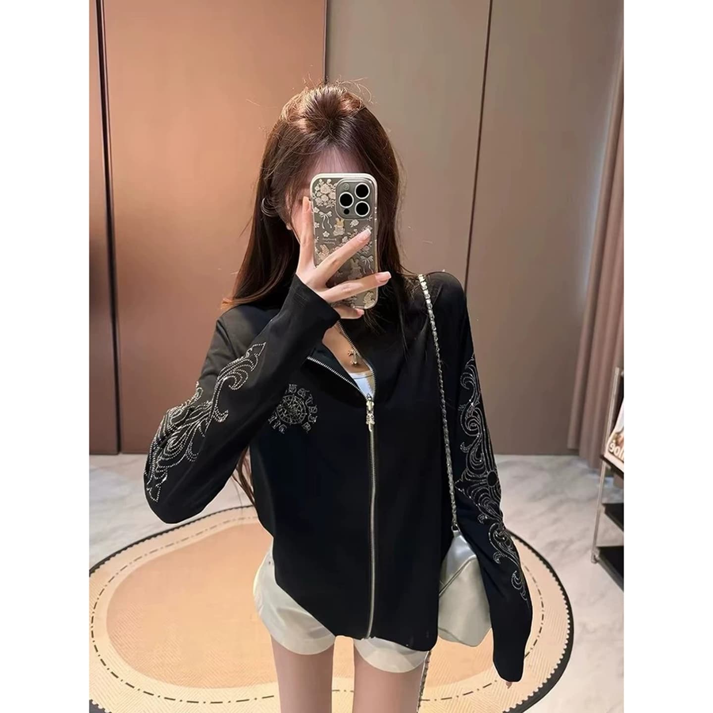 유럽 상품 산스크리트어 알파벳 오픈 가디건 핫픽스 자외선 차단 의류 여성 코트 여름 경량 스탠드 칼라 루즈핏 지퍼 맨위 서비스 이미지 3