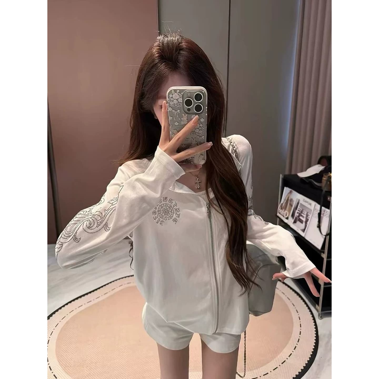 유럽 상품 산스크리트어 알파벳 오픈 가디건 핫픽스 자외선 차단 의류 여성 코트 여름 경량 스탠드 칼라 루즈핏 지퍼 맨위 서비스 상세 이미지 4