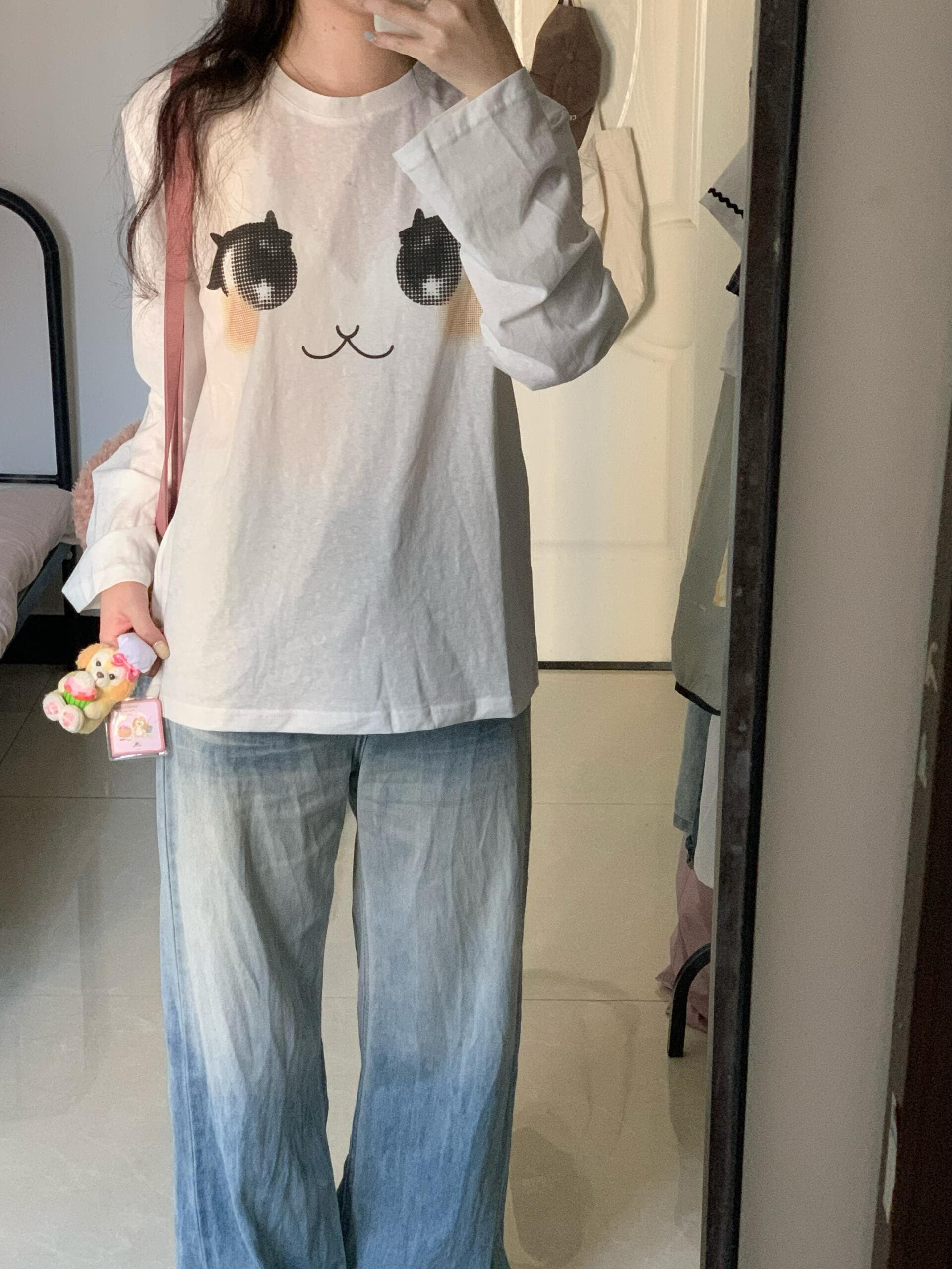 느슨함 무료 눈꽃 질감 센스 눈 프린트 루즈핏 티셔츠 여성 가을 긴팔 맨위 상세 이미지 1