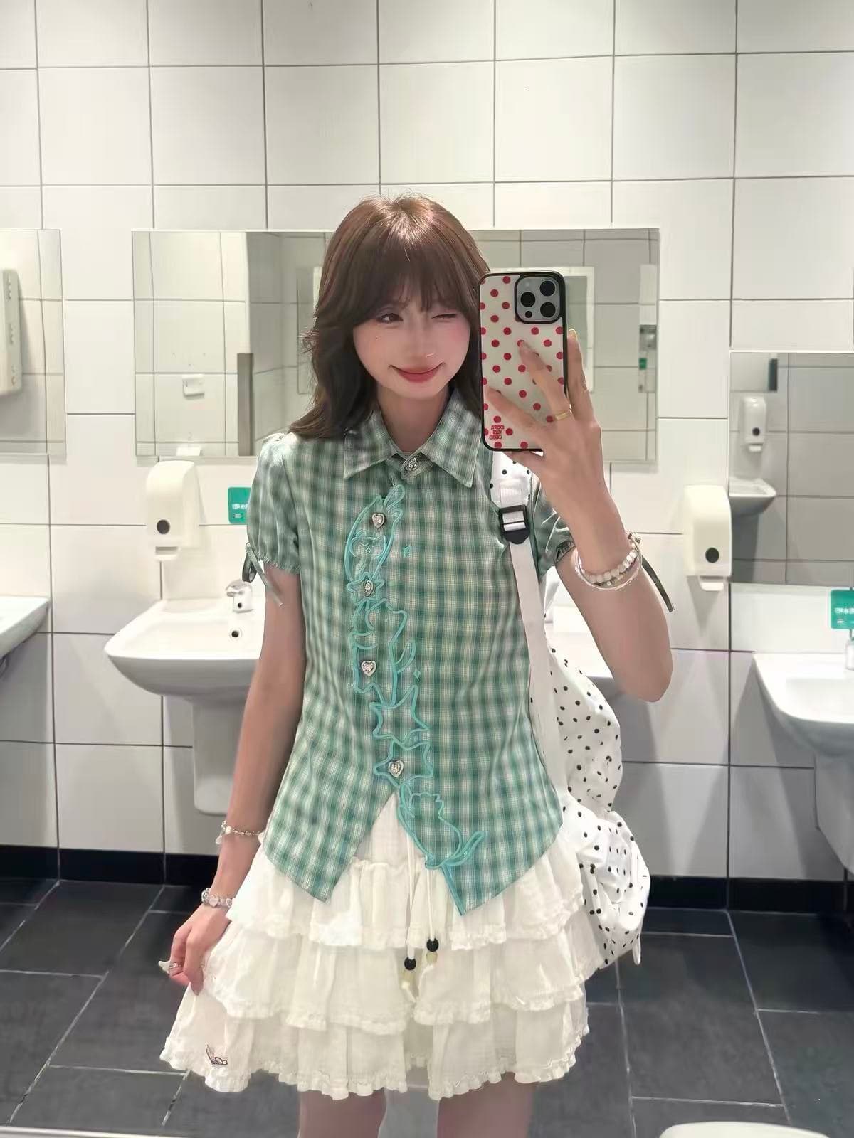 자수 새끼 고양이 체크무늬 반팔 여성 셔츠 여름 몸매 가꾸기 슬림해 보이는 학원 거품 소매 핫걸 맨위 상세 이미지 4