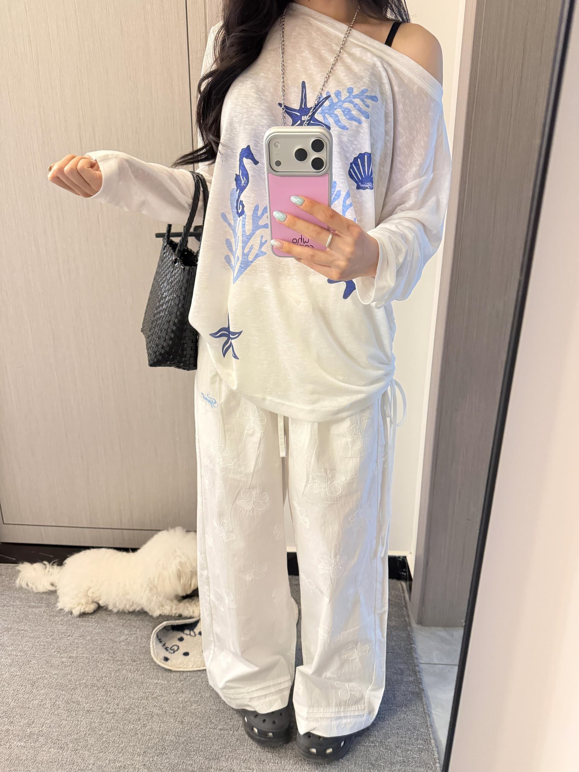 대양 프린트 봄 여름 얇은 스타일 마이크로 ~을 통해 느긋한 센스 비스듬한 어깨 블라우스 긴팔 티셔츠 맨위 상세 이미지 3