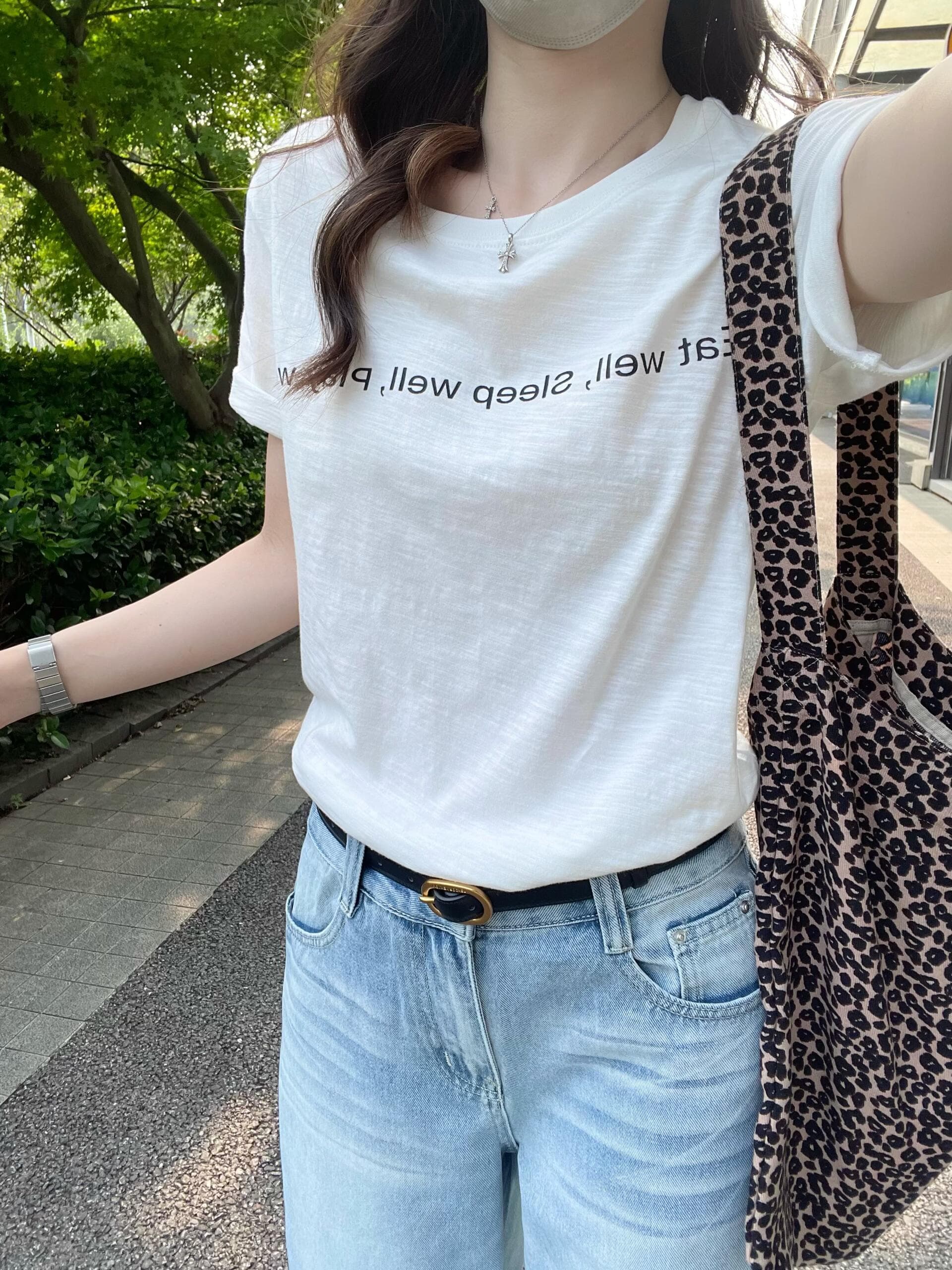 한 부서 대나무 마디 면 알파벳 프린트 반팔 티셔츠 여성 슈퍼 잘 생긴 ~ 중 캐주얼 패션 미니멀리즘 다용도 출퇴근 맨위 상세 이미지 3