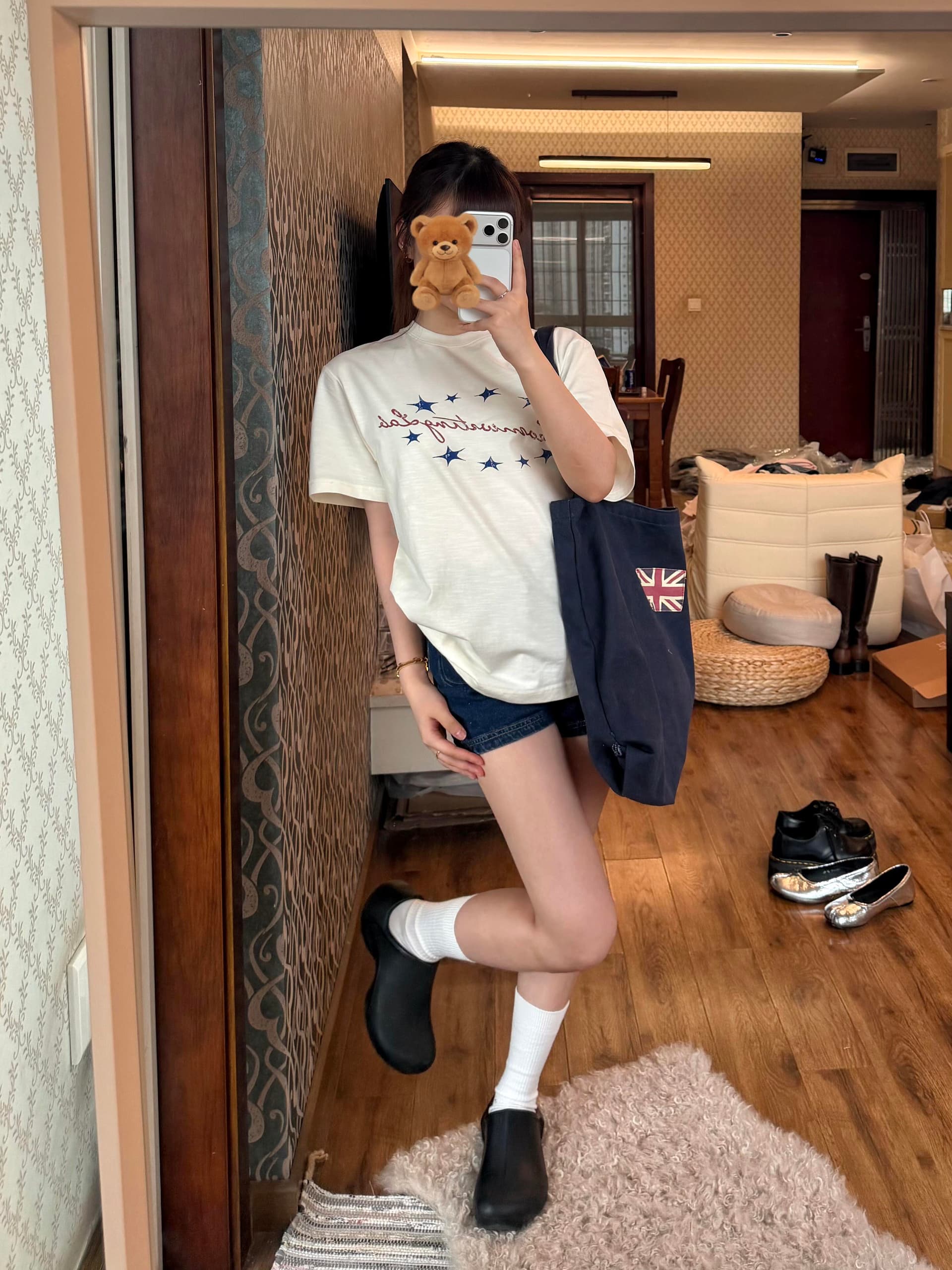 아메리칸 레트로 수채화 별 화이트 반팔 티셔츠 여성 2026 여름 새로운 루즈핏 다용도 대나무 마디 면 맨위 상세 이미지 4