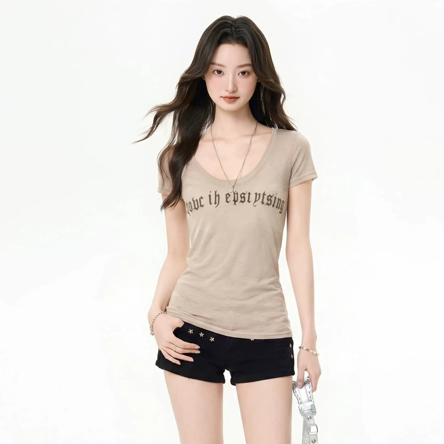 아메리칸 u 칼라 긍정적 인 어깨 티셔츠 여성 여름 몸매 가꾸기 타이트 핫걸 반팔 대 네클라인 맨위 2026 새로운 상세 이미지 5