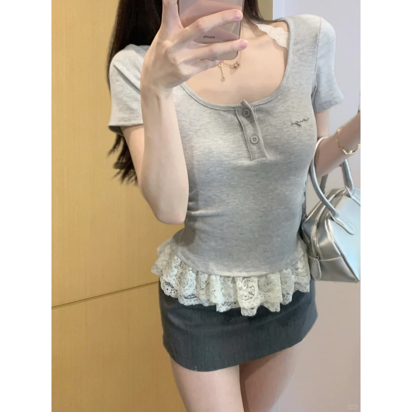 한 부서 달콤한 자매 레이스 조각 행침 목 반팔 티셔츠 캐주얼 맨위 이미지 3