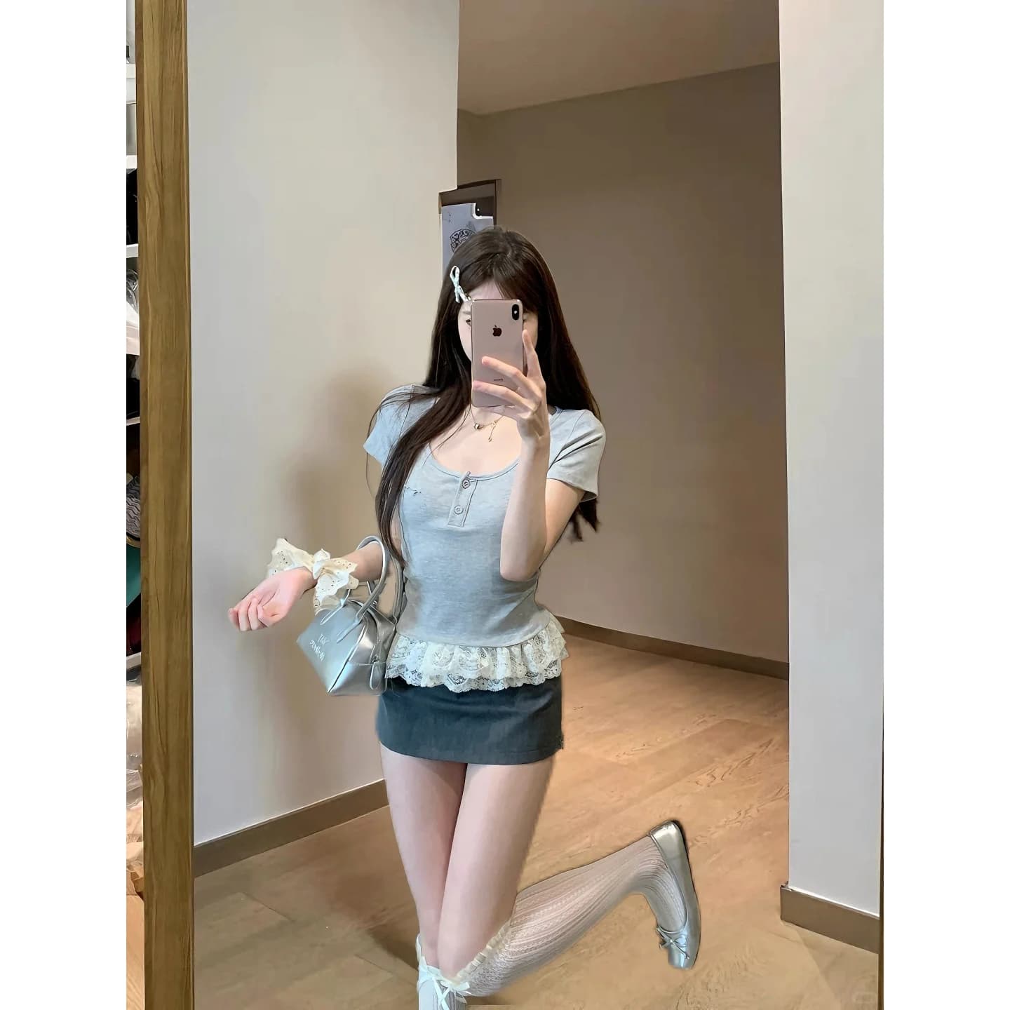 한 부서 달콤한 자매 레이스 조각 행침 목 반팔 티셔츠 캐주얼 맨위 상세 이미지 2