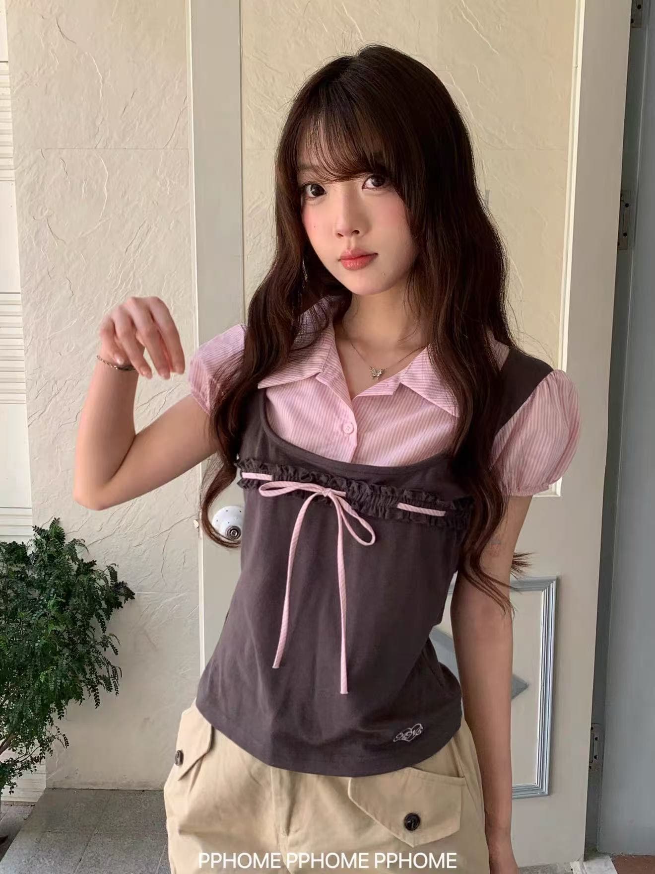 보르도 학원 패치워크 POLO 칼라 페이크 레이어드 셔츠 달콤함 슬림해 보이는 거품 소매 맨위 상세 이미지 3