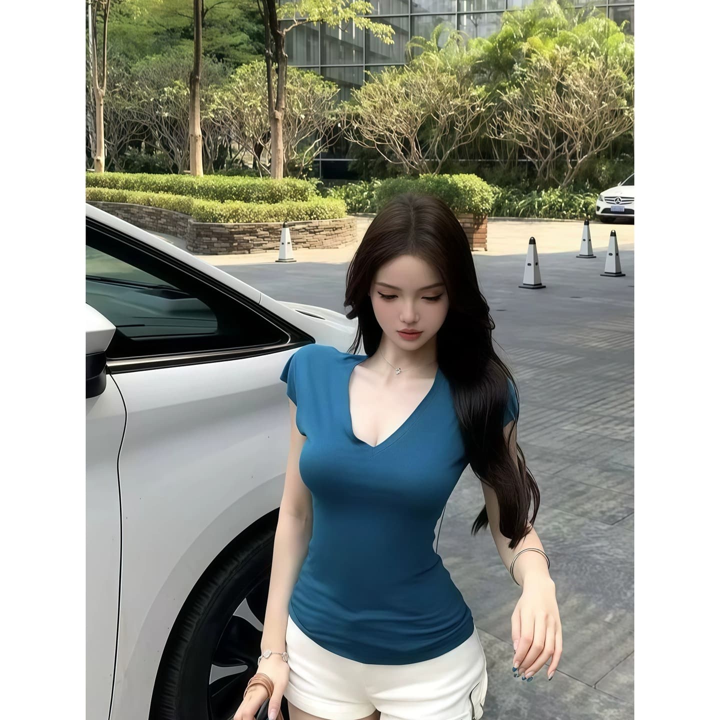 핫걸 V넥 긍정적 인 어깨 반팔 티셔츠 여성 여름 2026 새로운 디자인 센스 몸매 가꾸기 슬림해 보이는 순수한 욕망 바람 표지 배 맨위 이미지 5
