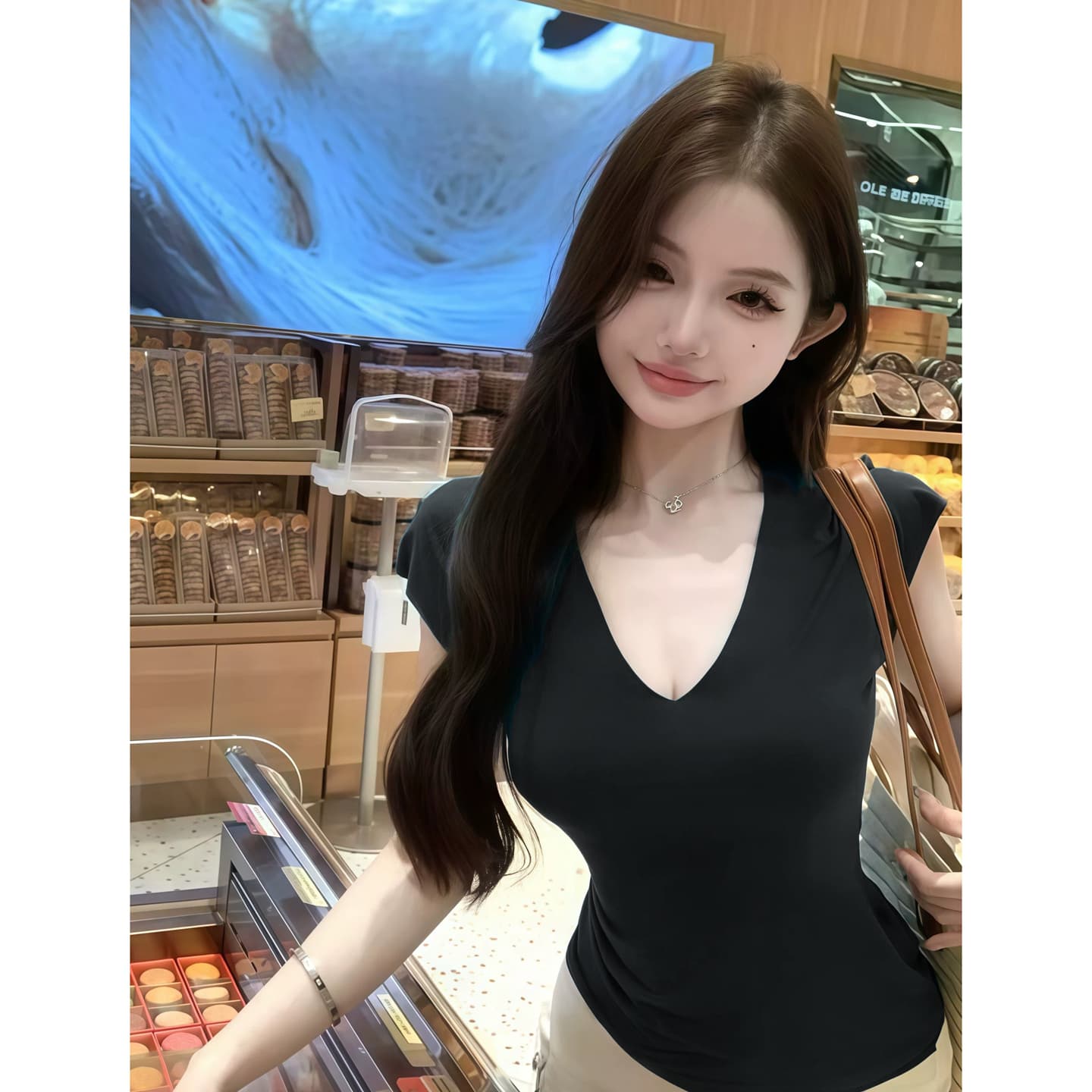 핫걸 V넥 긍정적 인 어깨 반팔 티셔츠 여성 여름 2026 새로운 디자인 센스 몸매 가꾸기 슬림해 보이는 순수한 욕망 바람 표지 배 맨위 상세 이미지 2