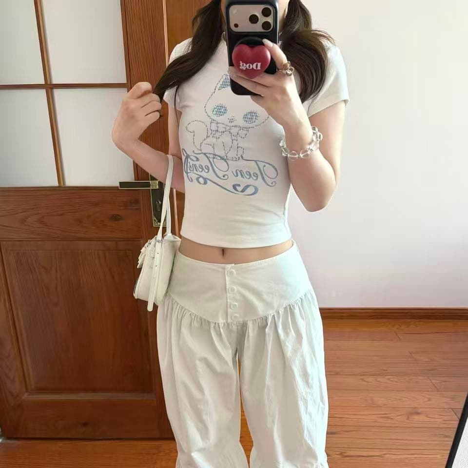 한국 ins 좋은 플래시 고양이 프린트 쇼트 스타일 반팔 티셔츠 여성 여름 몸매 가꾸기 캐주얼 다용도 슬림해 보이는 연령 감소 맨위 이미지 5