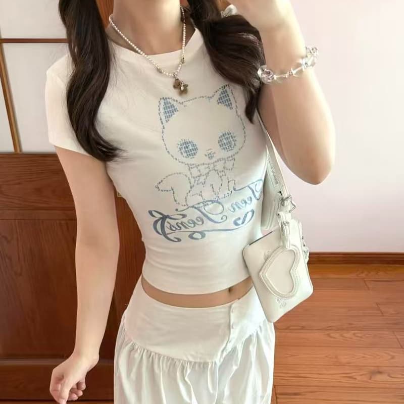 한국 ins 좋은 플래시 고양이 프린트 쇼트 스타일 반팔 티셔츠 여성 여름 몸매 가꾸기 캐주얼 다용도 슬림해 보이는 연령 감소 맨위 상세 이미지 1