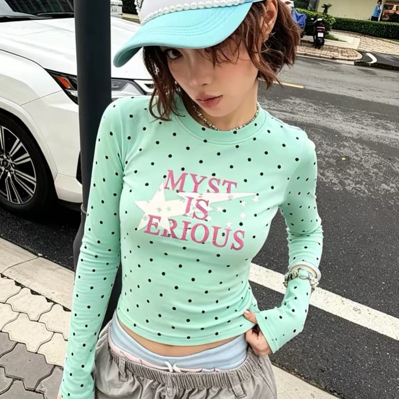 한 부서 도파민 도트 무늬 프린트 몸매 가꾸기 긴팔 티셔츠 이른 가을 작은 키 긍정적 인 어깨 슬림해 보이는 맨위