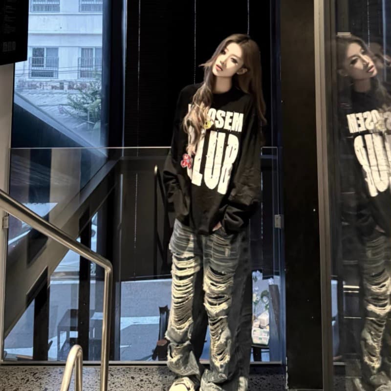 아메리칸 웃음 하 조수 브랜드 긴팔 티셔츠 여성 oversize 루즈핏 중성 바람 커플 맨위 이미지 5